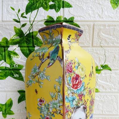 Bình Tứ Giác họa tiết Tứ Quý men vàng